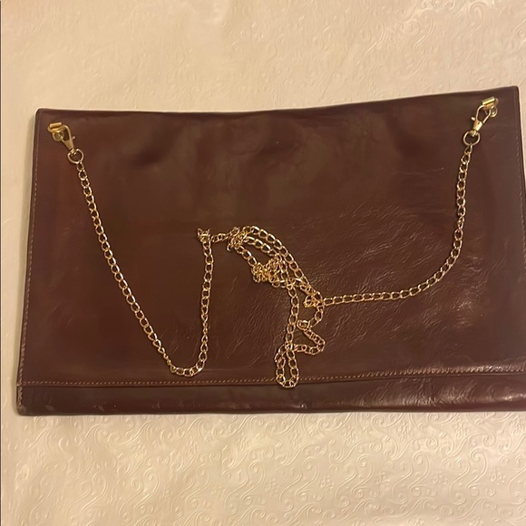 Brown Leather Envelope Clutch with Chain - Picture 8 of 11